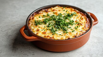 Creamy Baked Dish with Melted Cheese and Fresh Green Parsley Topping in Rustic Brown Casserole
