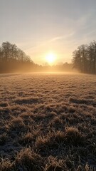 Fototapeta premium Beautiful Sunrise Over Frosty Meadow with Glazing Grass and Mist, Capturing Nature's Tranquility and Warmth in a Picturesque Morning Landscape