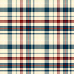 Plaid with twill weave repeat pattern in blue red white.Gingham seamless pattern with stripes.Checkered tartan Geometric graphic vector illustration background for fabric and prints.
