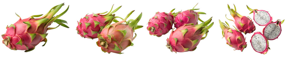 Set of red dragon fruit or pitahaya isolated on a transparent background. The concept of delicious and healthy fruits.