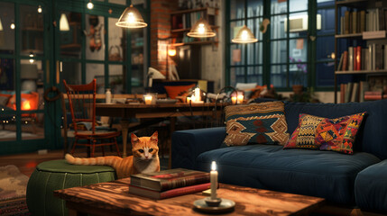 Generative AI, Cozy Living Room with Cat and Candlelight