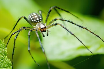 Fototapeta premium Spotted Spider Insect Macro Photography Nature Wildlife Green Leaf.