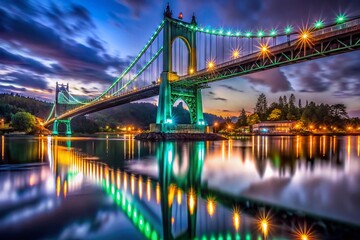 Obraz premium St. Johns Bridge Portland Oregon Night Lightscape - Dramatic Cityscape Photography