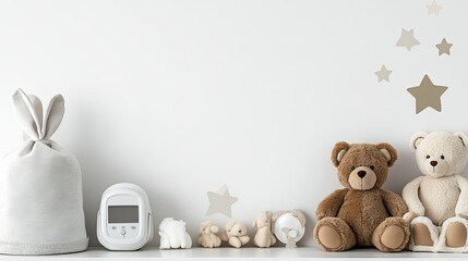 Plush toys adorn a nursery shelf alongside a baby monitor, creating a serene and minimalist atmosphere in soft beige tones