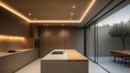 Naklejka premium A contemporary minimalist kitchen with matte taupe cabinets, light concrete countertops, and a sleek wooden island. Recessed lighting in the ceiling creates a soft ambiance.