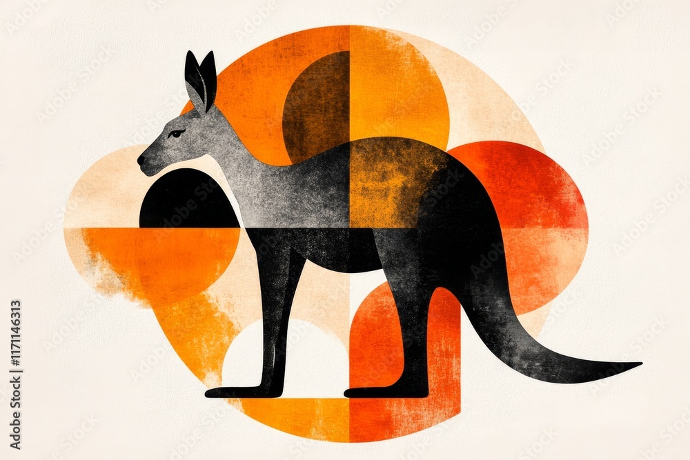 Poster a minimalist emblem featuring a kangaroo silhouette within a circle, styled in earthy tones and clea