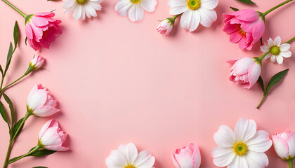 Fototapeta premium Fresh flowers on blush pink background