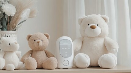 Plush toys adorn a nursery shelf alongside a baby monitor, creating a serene and minimalist atmosphere in soft beige tones