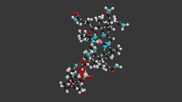Molecule of vitamin B12 (cobalamin) with the molecular formula C63H88CoN14O14P, represented by a ball-and-stick chemical model. Isolated. Gray background. Alpha channel. 3D rendering. Seamless loop