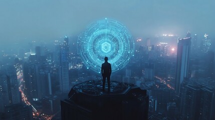 A figure stands on a rooftop, gazing at a futuristic holographic interface above a cityscape.