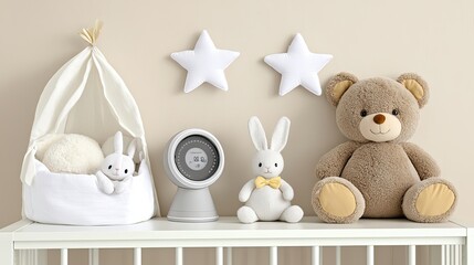 Plush toys adorn a nursery shelf alongside a baby monitor, creating a serene and minimalist atmosphere in soft beige tones