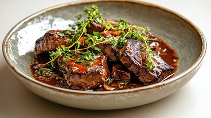 Fototapeta premium Tender Steak Pieces in Rich Sauce with Fresh Herbs and Garnish on a Stylish Plate