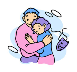 Mental health. Fake mask. Emotion expression disguise. Human psychology problem with empathy and sympathy. Couple embrace. Person pretends. Insincerity relationship. Liars portrait. Vector concept