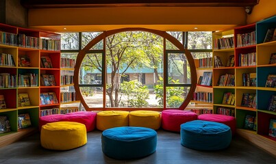 Naklejka premium Colorful children's library reading nook with circular window view of trees