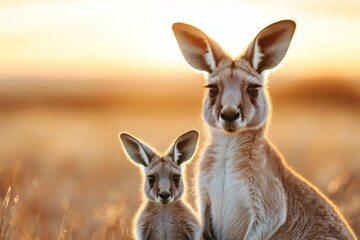 Fototapeta premium A mother kangaroo carrying her joey in her pouch, both peering curiously at the camera in a grassy field