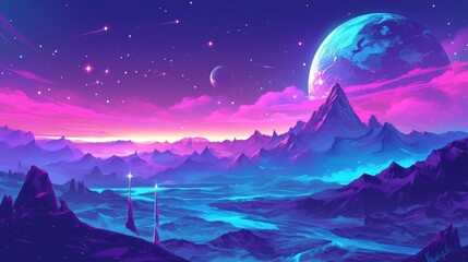 Obraz premium Alien Mountains Rise Underneath a Vibrant Purple and Blue Night Sky with a Celestial Body