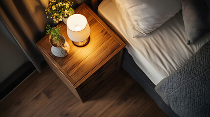 A top-down view of a nightstand in a hotel room with a cozy, blurred background, providing an empty wooden surface for product display and customization in a flawless with copy space 