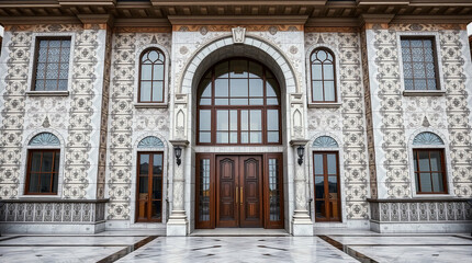 Fototapeta premium Building Facade with Arched Entryway and Ornate Stonework