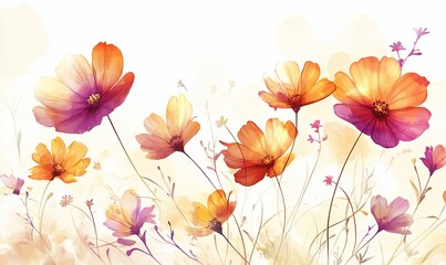 Colorful cosmos flowers blooming in a soft, dreamy field, ideal for backgrounds