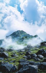 Majestic Mountain Peak Shrouded in Mist with Rocky Foreground and Lush Green Grass