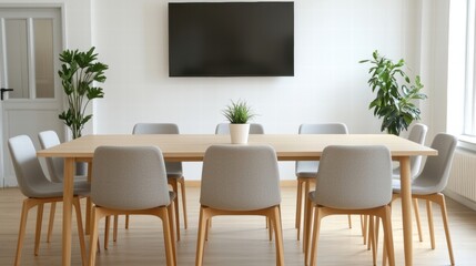 Modern meeting room with wooden table and gray chairs