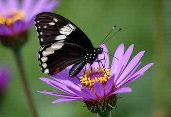 Obraz premium Black and white butterfly sitting on a beautiful purple flower