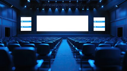 Generative AI-rendered conference stage featuring a spacious area and blank advertising screens.