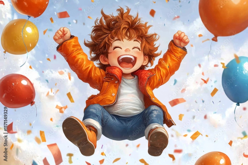Aufkleber A pixel art animation of a happy character jumping with joy, surrounded by pixelated confetti and balloons, set against a retro game-like backdrop
