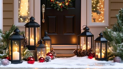 Arrange lanterns of various sizes with LED candles on either side of the door. Place them on a bed of faux snow and decorate with small pinecones and mini Christmas ornaments. 
