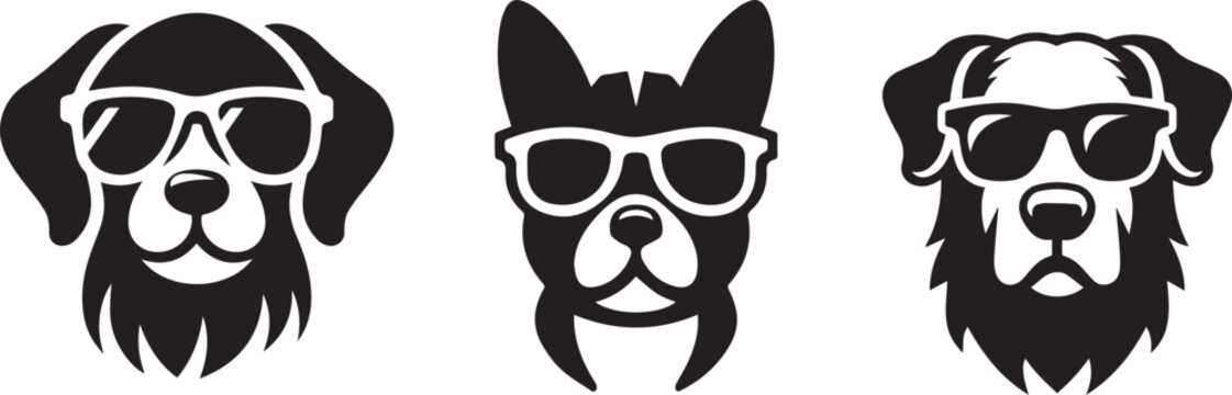 Dog wearing sunglass black soild silhouette icon set, animal doggy head collection, animal character illustration, editable vector clip art silhouettes bundle
