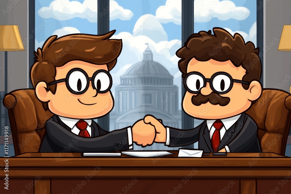 Poster A pixel art depiction of a job interview, with animated characters sitting across a desk, shaking hands in a retro game-style office