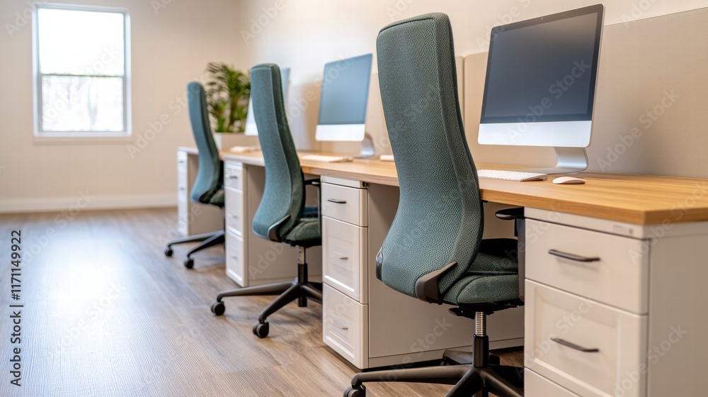 Poster modern coworking space with comfortable ergonomic chairs and computers