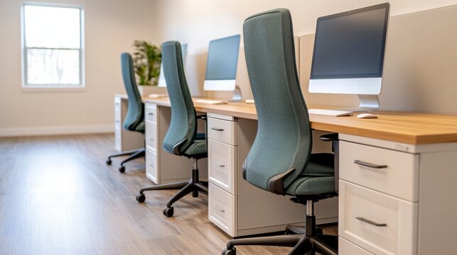 Modern coworking space with comfortable ergonomic chairs and computers - Powered by Adobe