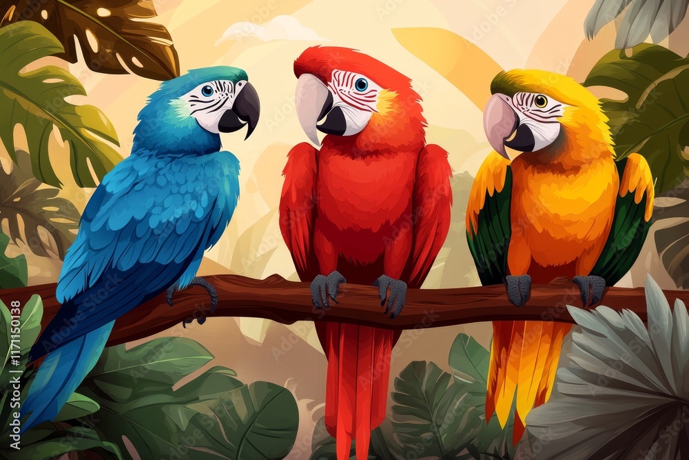 Poster a pixel art jungle scene with animated waterfalls, swaying trees, and colorful parrots flying in a r