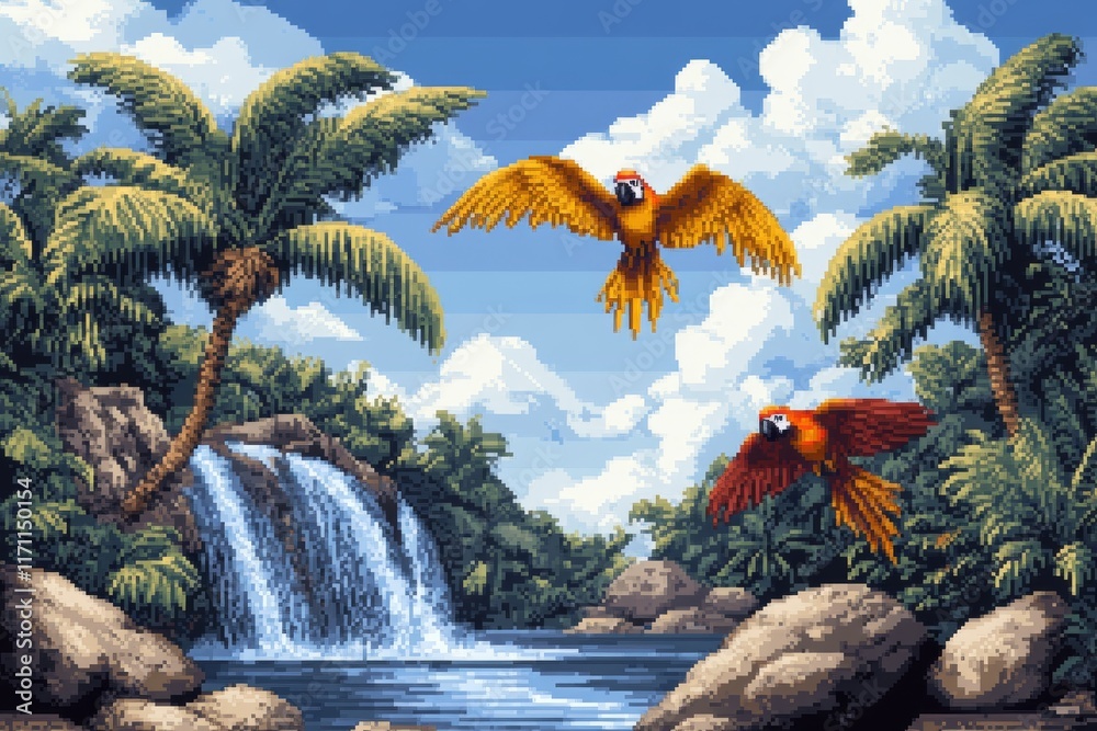 Poster a pixel art jungle scene with animated waterfalls, swaying trees, and colorful parrots flying in a r