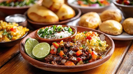 Colorful and Flavorful Mexican Cuisine with Rice, Beef, and Fresh Vegetables on a Wooden Table