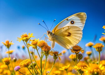 Obraz premium Stunning Drone Aerial View of a Pale Yellow Butterfly in a Vibrant Meadow