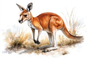 A playful 2D illustration of a kangaroo hopping in a grassy field, drawn in vibrant colors and cheerful tones on a clean white canvas