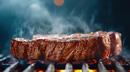 Juicy Grilled Steak on a Barbecue Grill Surrounded by Wisps of Smoke in Evening Light