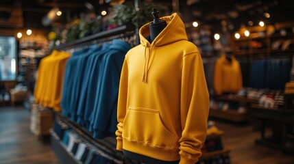 Mockup of plain yellow hoodie in shop display.