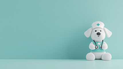 Naklejka premium cute plush toy dog dressed as nurse, complete with stethoscope and cap, sits against soft turquoise background, evoking sense of warmth and care