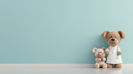 plush dog toy dressed as nurse stands beside small bear toy, both against light blue wall, creating warm and inviting atmosphere