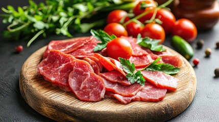 Obraz premium Freshly Sliced Meat on Wooden Board with Cherry Tomatoes and Herbs Next to Assorted Spices