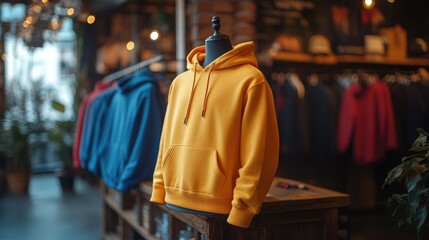 Mockup of plain yellow hoodie in shop display.
