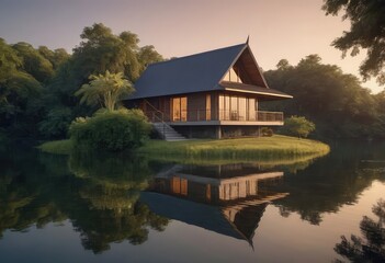 Obraz premium A quaint house is located on a small island in the center of a lake