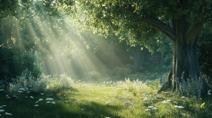 Obraz premium A serene forest clearing with sunlight streaming through the trees, creating a sense of natural freedom.