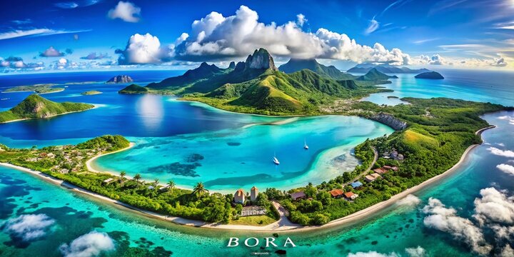 Stunning Panoramic Aerial View of Bora Bora Island Location on Map
