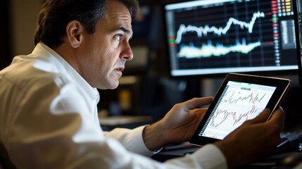 A focused individual analyzes financial data on a tablet amidst multiple screens displaying charts.