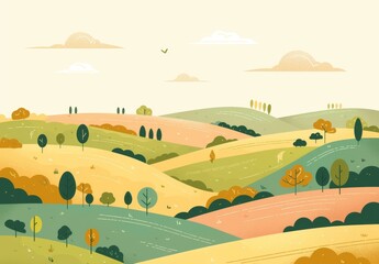Naklejka premium Autumn Trees Stand Tall on Rolling Hills Landscape.