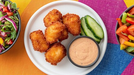 Crispy Chicken Nuggets with Dipping Sauce and Fresh Vegetable Sides on Colorful Table Setting